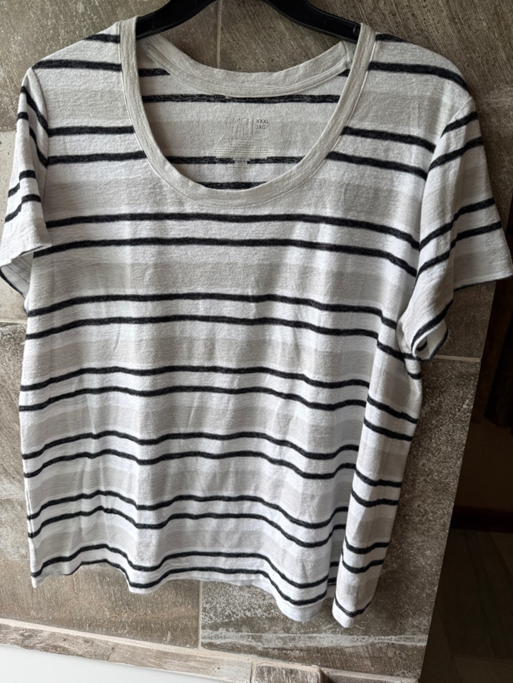 Time and Tru White and Black Striped Short Sleeve Tee